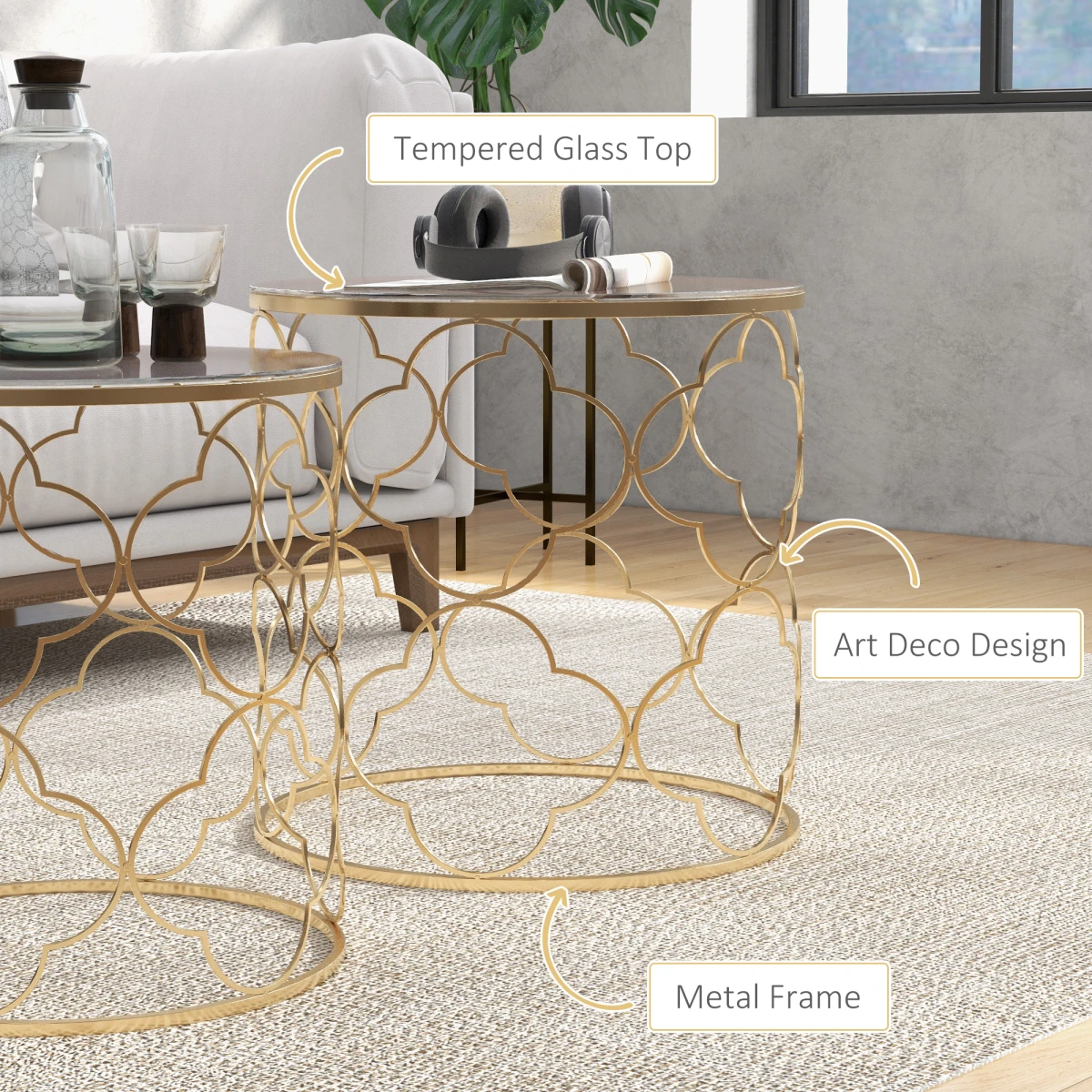 HOMCOM Nesting Tables Two Piece Glass Top Gold Tone For Modern Living Room Decor by HOMCOM