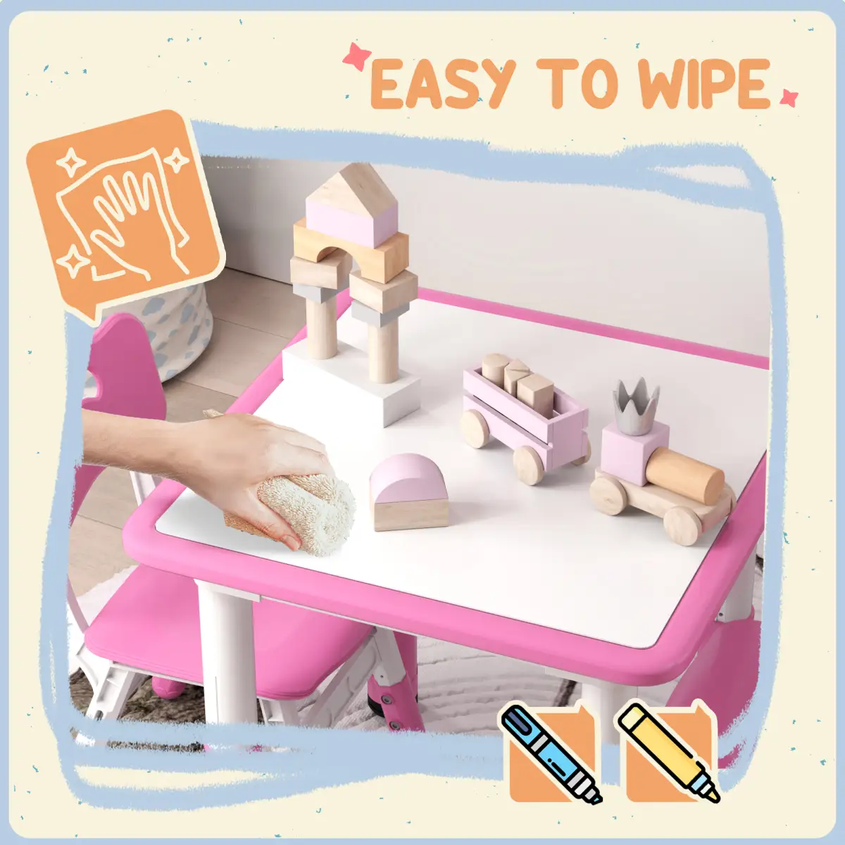 AIYAPLAY AIYAPLAY 3 Pcs Height Adjustable Kids Table and Chair Set for Playroom - Pink - Picnic Tables