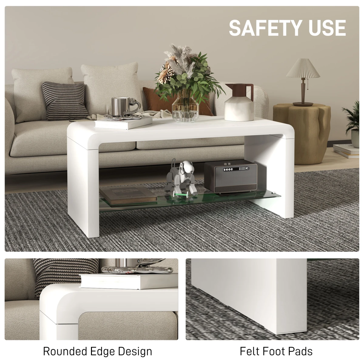 HOMCOM HOMCOM High Gloss Storage Coffee Table Two Tier White With Glass Shelf For Living Room - Coffee Table