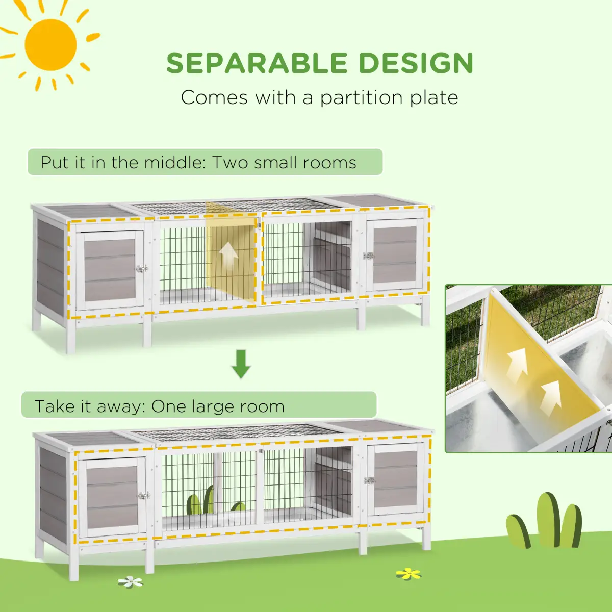 Pawhut Indoor Rabbit Hutch Separable Guinea Pig Cage Bunny Run w/ Slide Out Tray - Grey - Rabbit Hutch