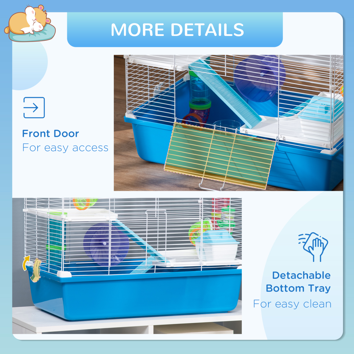 Hamster Cage Rodents House w/ Tubes Exercise Wheel, Water Bottle - Blue - from Pawhut