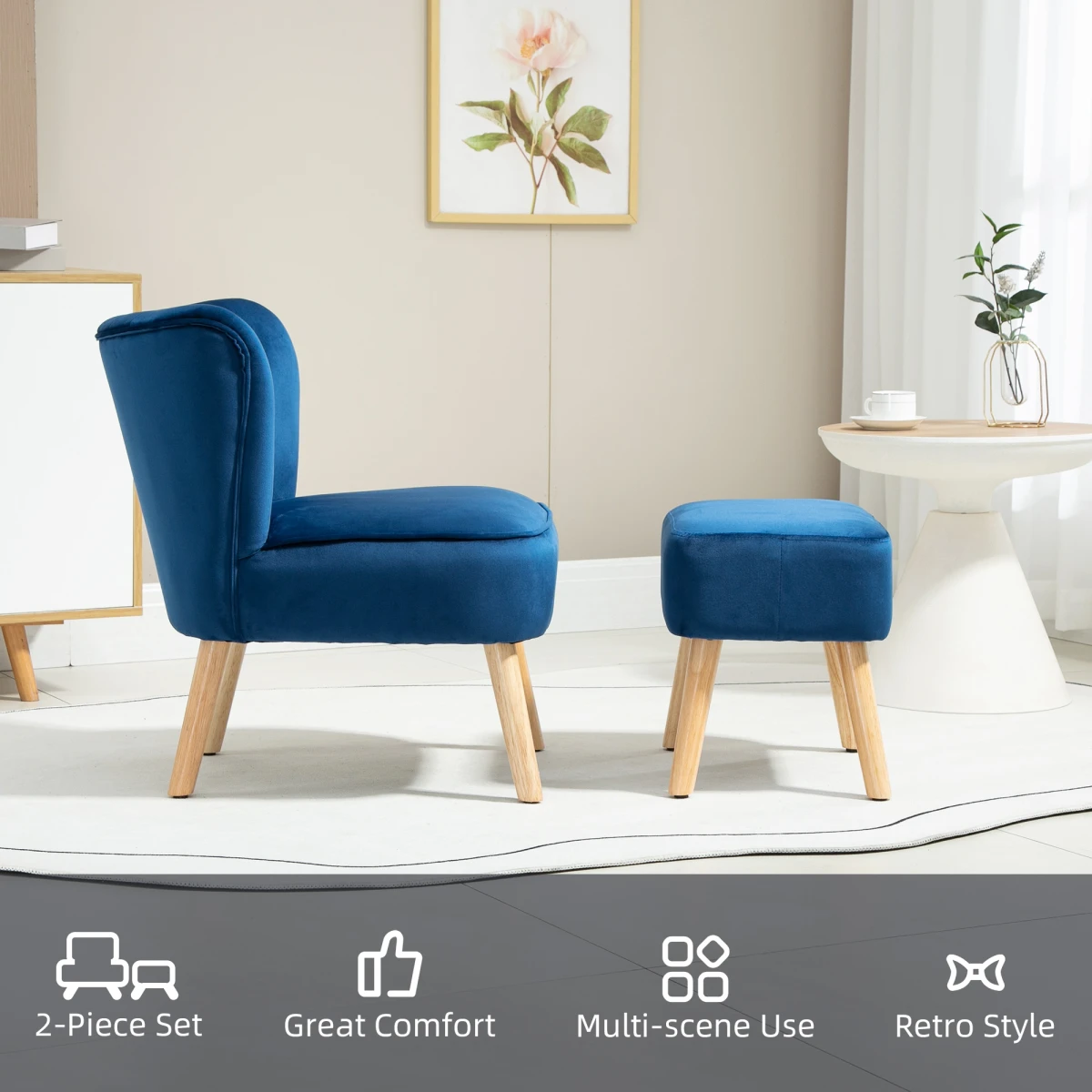 HOMCOM Lux Velvet Accent Chair With Ottoman Compact Velvet Home - Accent Chair