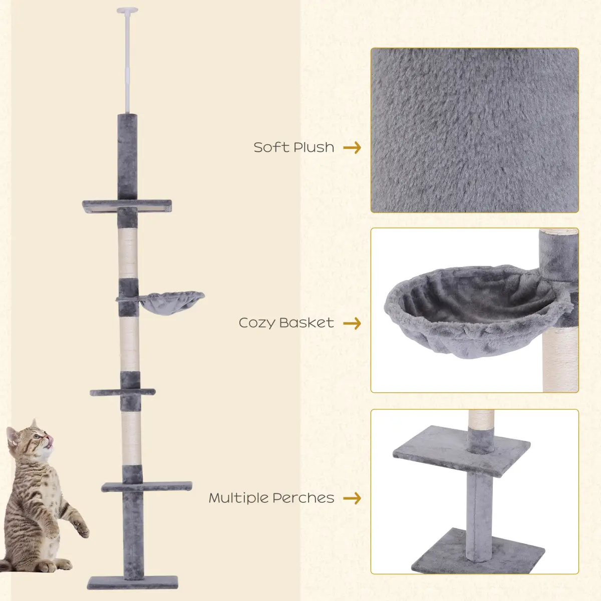 Unbranded Cat Tree Scratching 5-Tier Kitty Tower Floor to Ceiling Adjustable Pawhut - Cat Tree