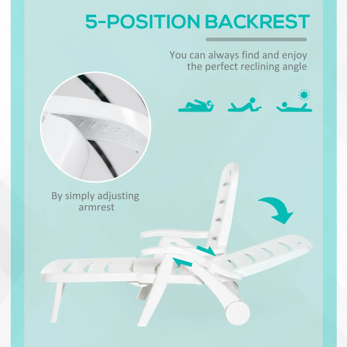 Outsunny Outsunny Patio Folding Lounge Chairs Recliners with Wheels & 5-Position Backrest - Sun Lounger