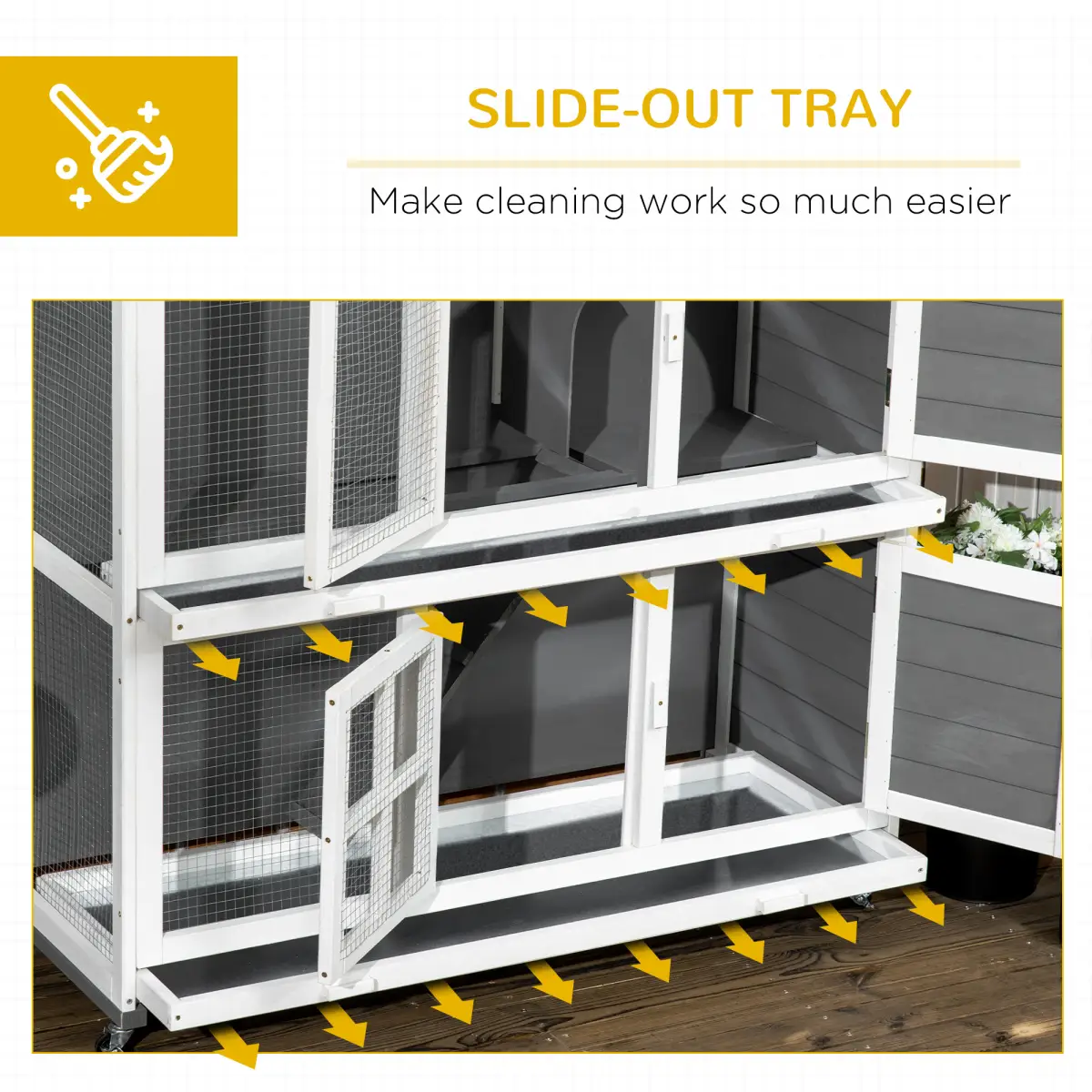 PawHut PawHut Wooden Rabbit Hutch, Small Animal House w/ Wheels, Removable Tray - Grey - Rabbit Hutch