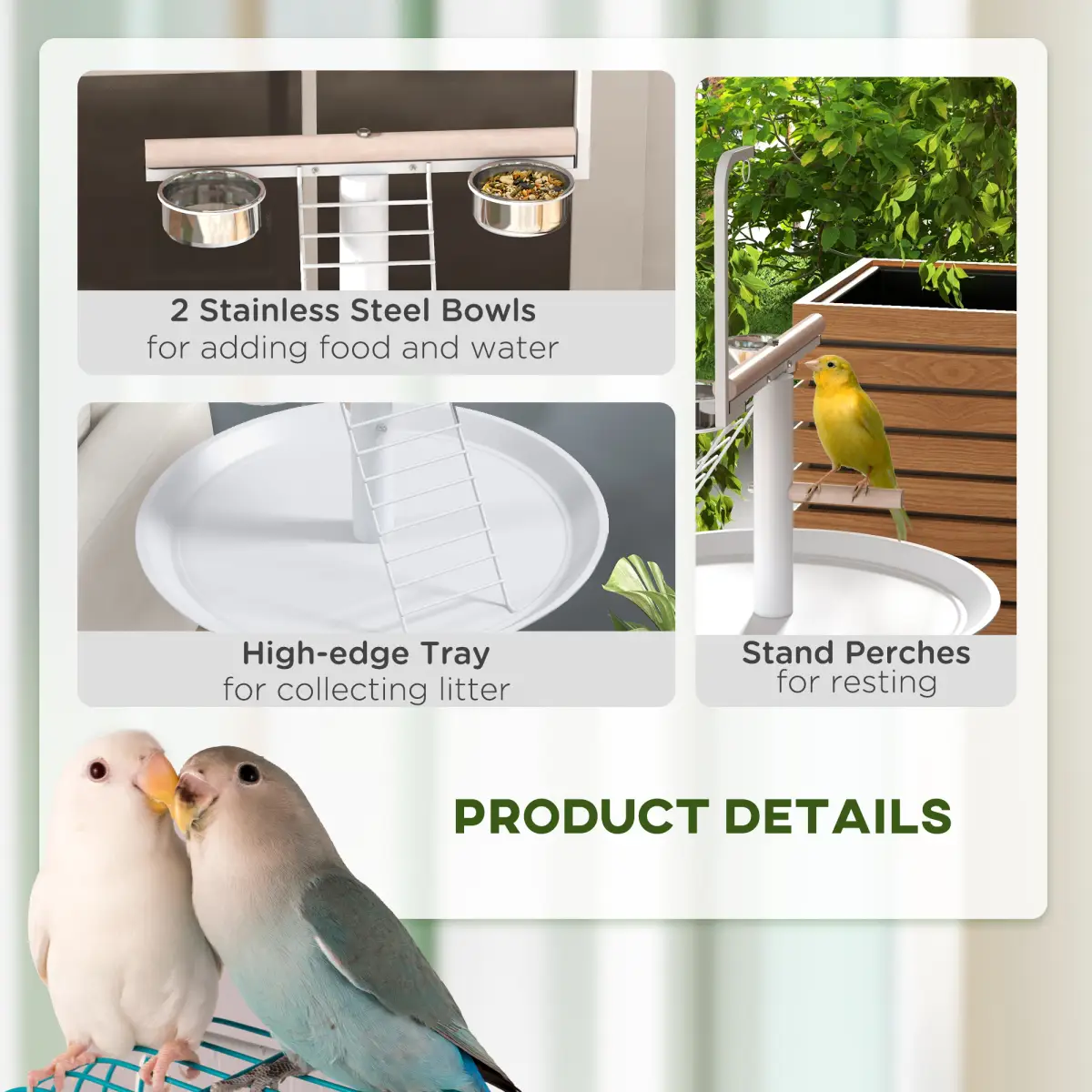 PawHut PawHut Bird Table with Four Wheels, Perches, Stainless Steel Bowls, Round Tray - Bird Feeder