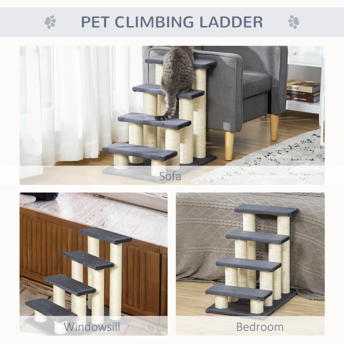 Pawhut Pet Stair Dog Cat Step Ladder Climb Plush Soft Comfort Particle Board - Cat Tree