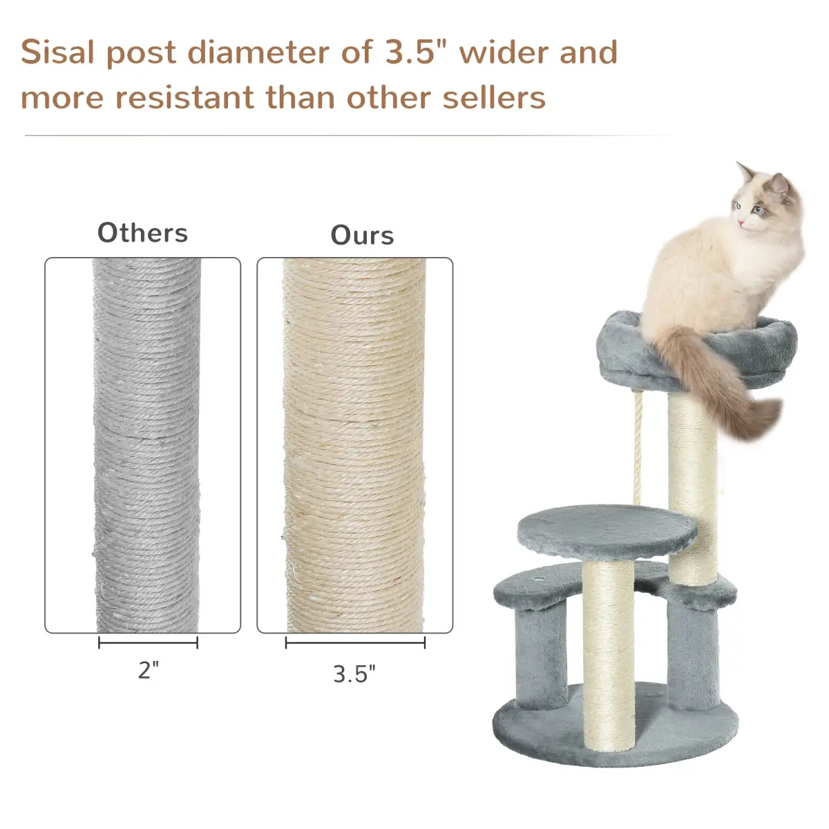 Pawhut Cat Tree Scratcher Kitty Activity Play Center Post 2 Perch w/ Hanging Sisal Rope - Cat Tree
