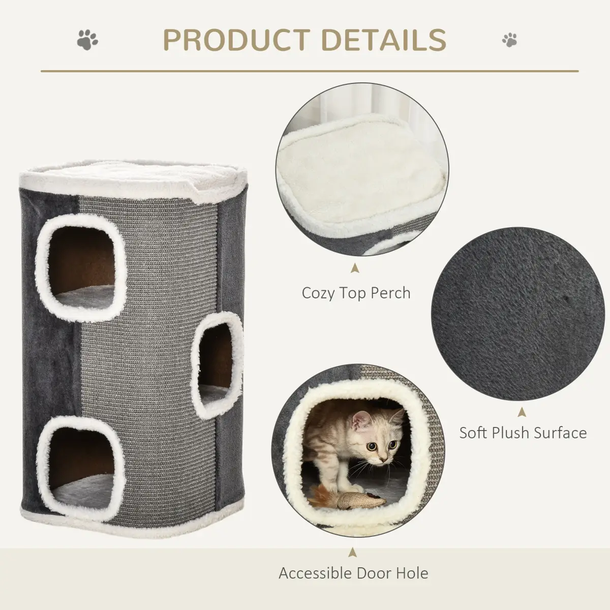 PawHut Cat Barrel Kitten Tree Tower Sisal Scratching Furniture Climbing Frame - Scratching Posts