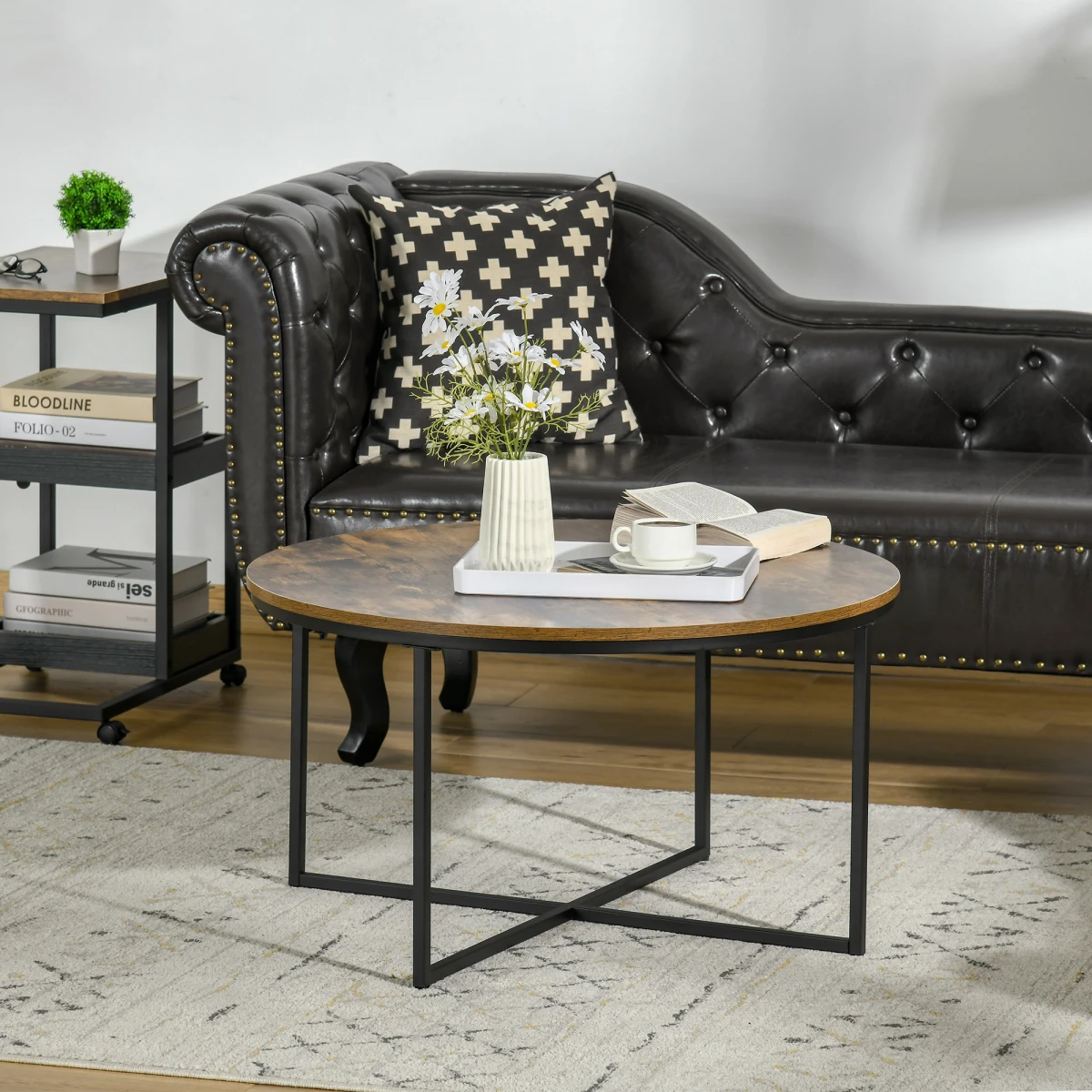 HOMCOM Industrial Round Side Table with Metal Frame, Large Tabletop, Rustic Brown - Dining Table