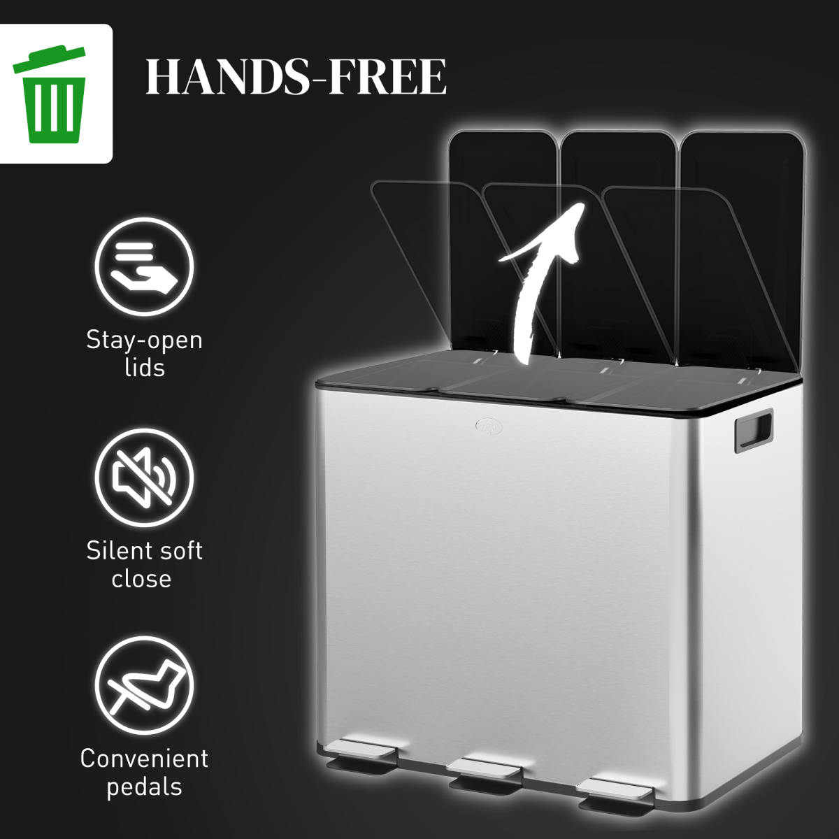 HOMCOM 3 x 15L Triple Kitchen Bin Pedal Bin for Recycling and Waste, Silver - from HOMCOM
