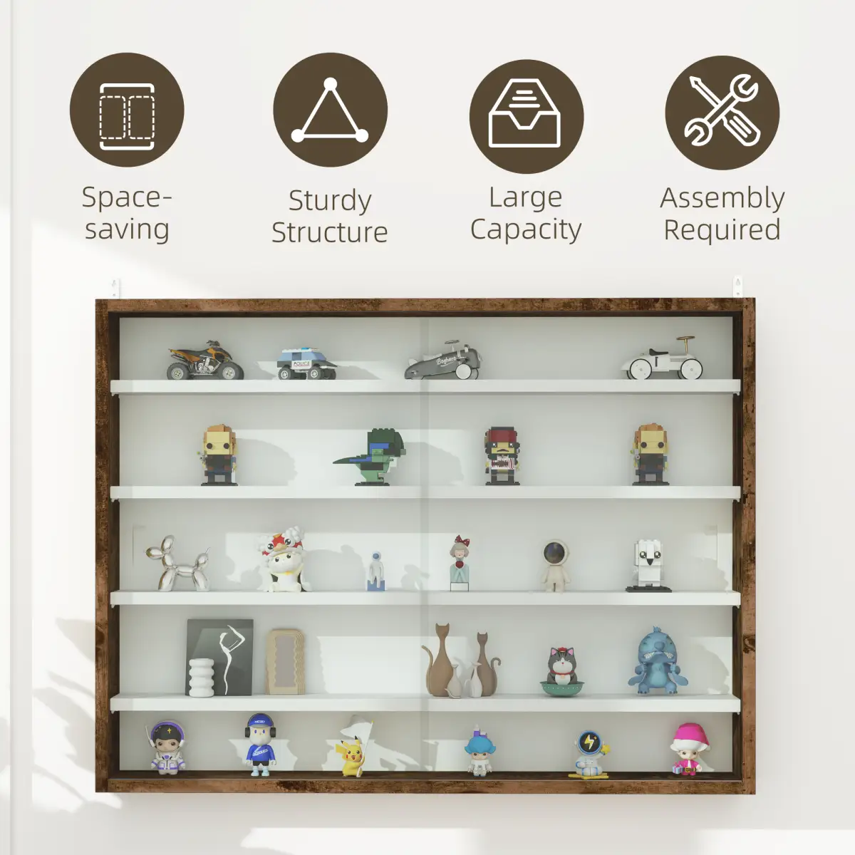 HOMCOM HOMCOM 5-Tier Wall Display Shelf Unit Cabinet w/ Shelves Glass Doors brown - Display Cabinet