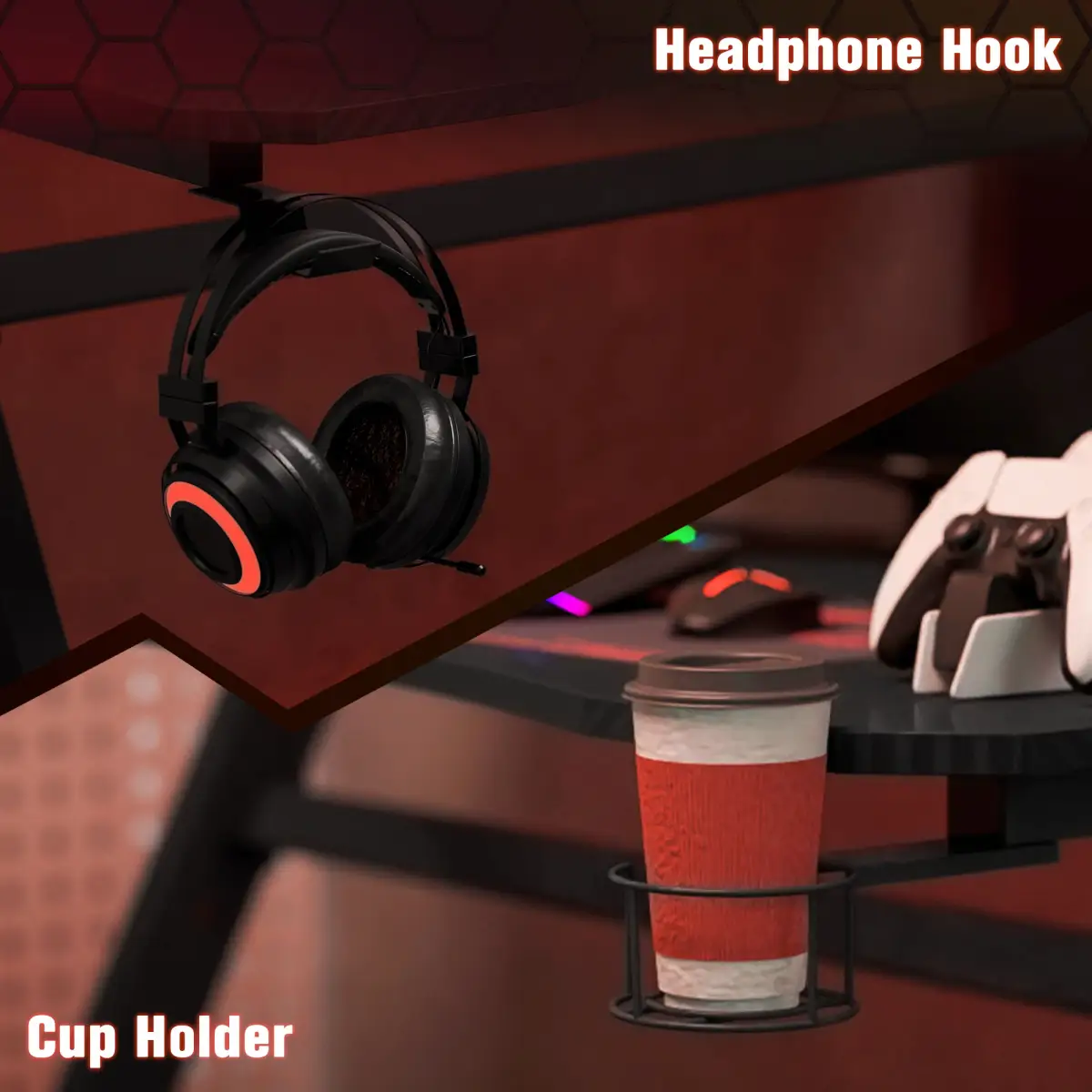 Unbranded Gaming Desk Steel Frame Cup Headphone Holder Adjustable Feet Home Black - Desk