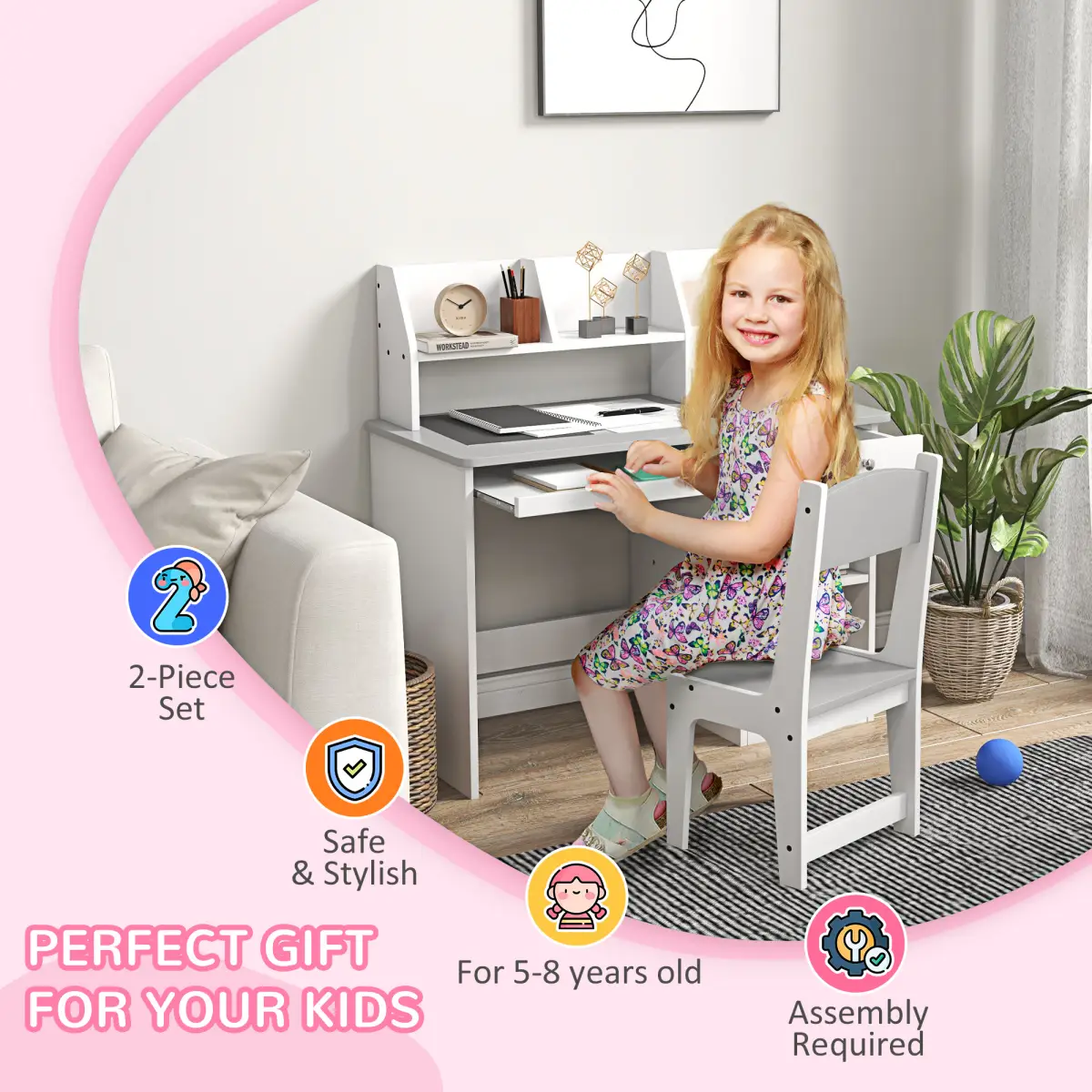 ZONEKIZ ZONEKIZ Kids Desk and Chair Set with Storage for 5-8 Years, Grey - Desk