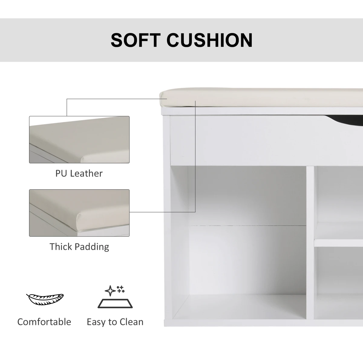 HOMCOM White Wooden Shoes Cabinet Bench With Padded PU Seat And Hidden Storage For Hallway Organization - Shoe Storage