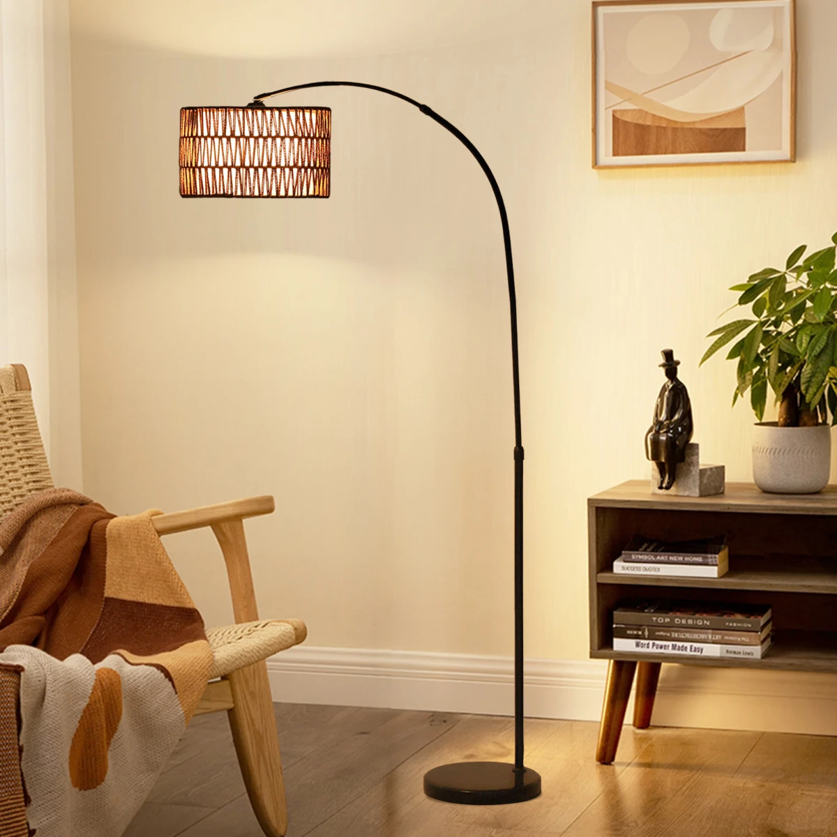 N/A Premium Floor Lamp With Adjustable Height Lantern Shade Hemp Rope Marble Base Foot Switch For Living Room - Lamp