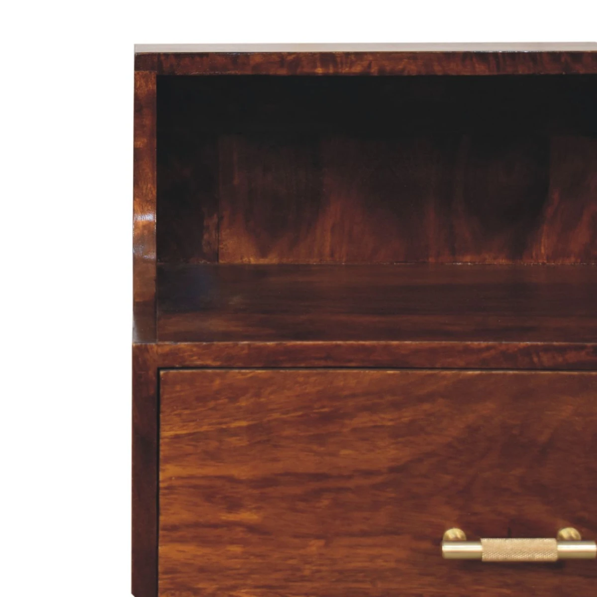 Artisan Solid Wood Bedside Table 18x14x24 Raised Back Shelf T Bar Drawer Mango Chestnut For Bedroom by Artisan Furniture