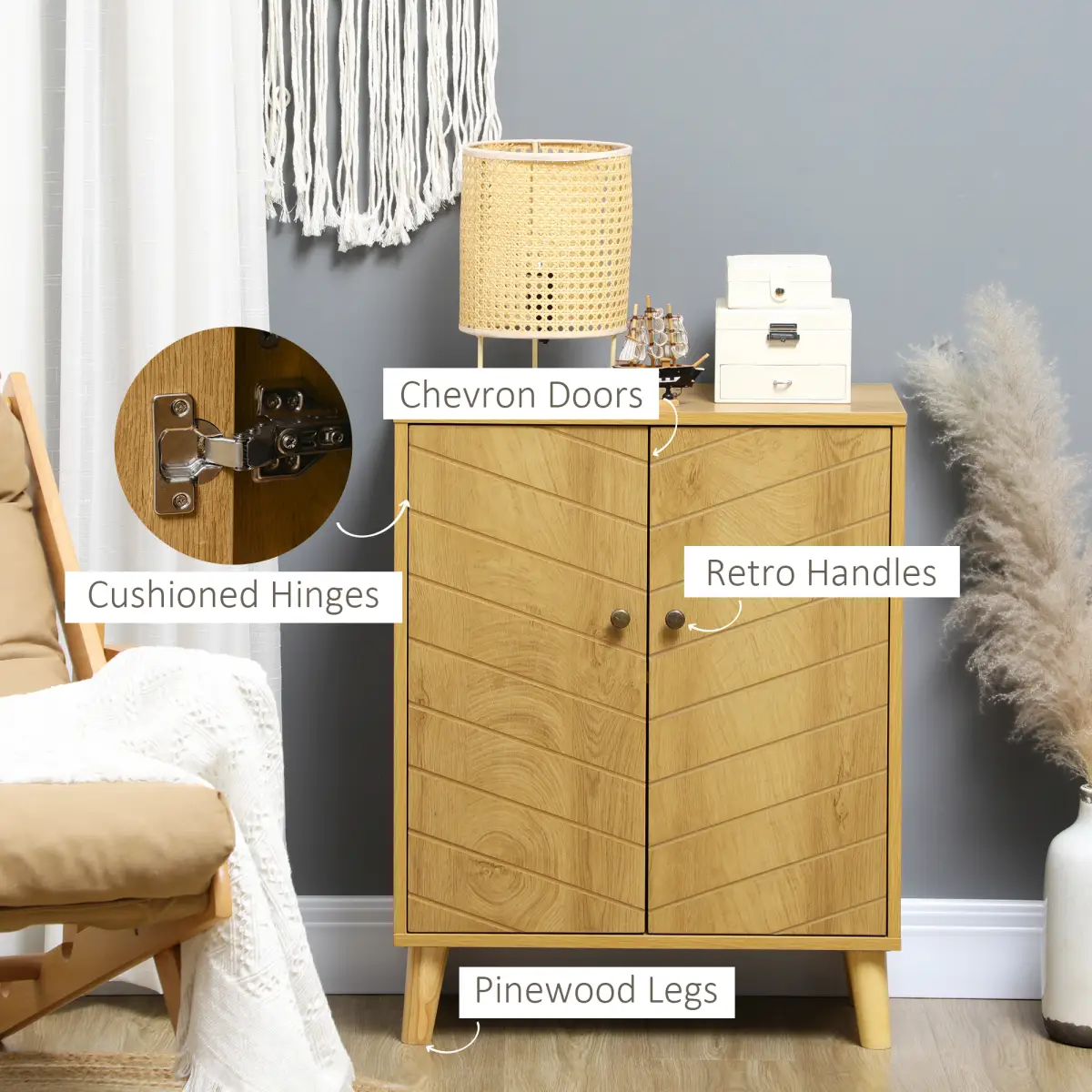 HOMCOM Storage Cabinet for Living Room Sideboard with Chevron Doors Natural - Sideboard