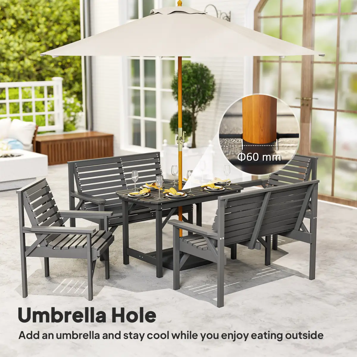 Outsunny Outsunny 5PC Patio Dining Set Wooden Table and Chairs w/ Umbrella Hole Grey - Garden Set