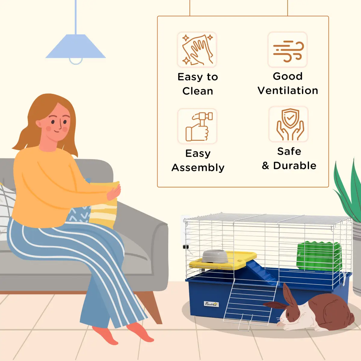 PawHut PawHut Small Animal Cage, Rabbit Guinea Pig Hutch, Pet Playhouse, Blue - Pet Cage