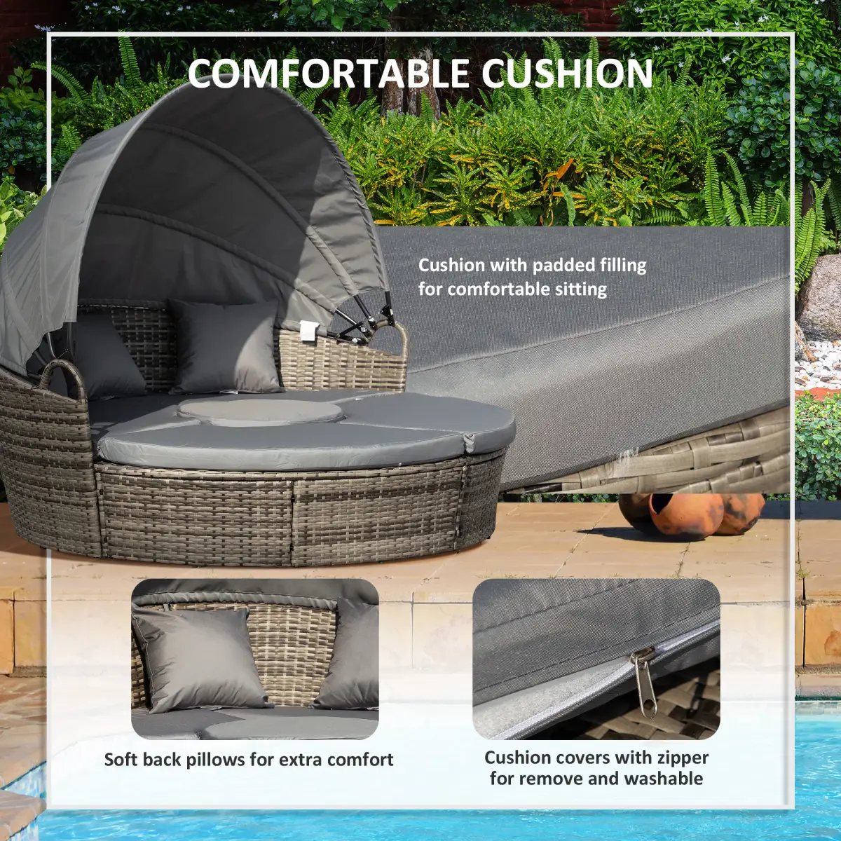 Outsunny Outsunny 5 PCs Cushioned Outdoor Plastic Rattan Round Sofa Bed Table Set Grey - Garden Sofa Sets