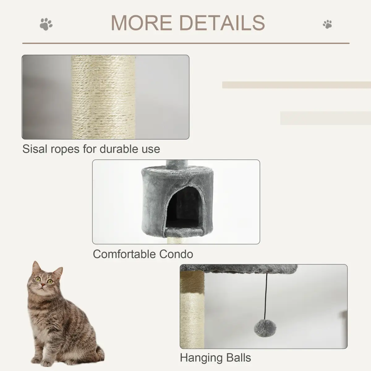 Pawhut Cat Tree, Multi-Floor Pet Playhouse w/ Solid Scratching Post, Light Grey - Cat Tree