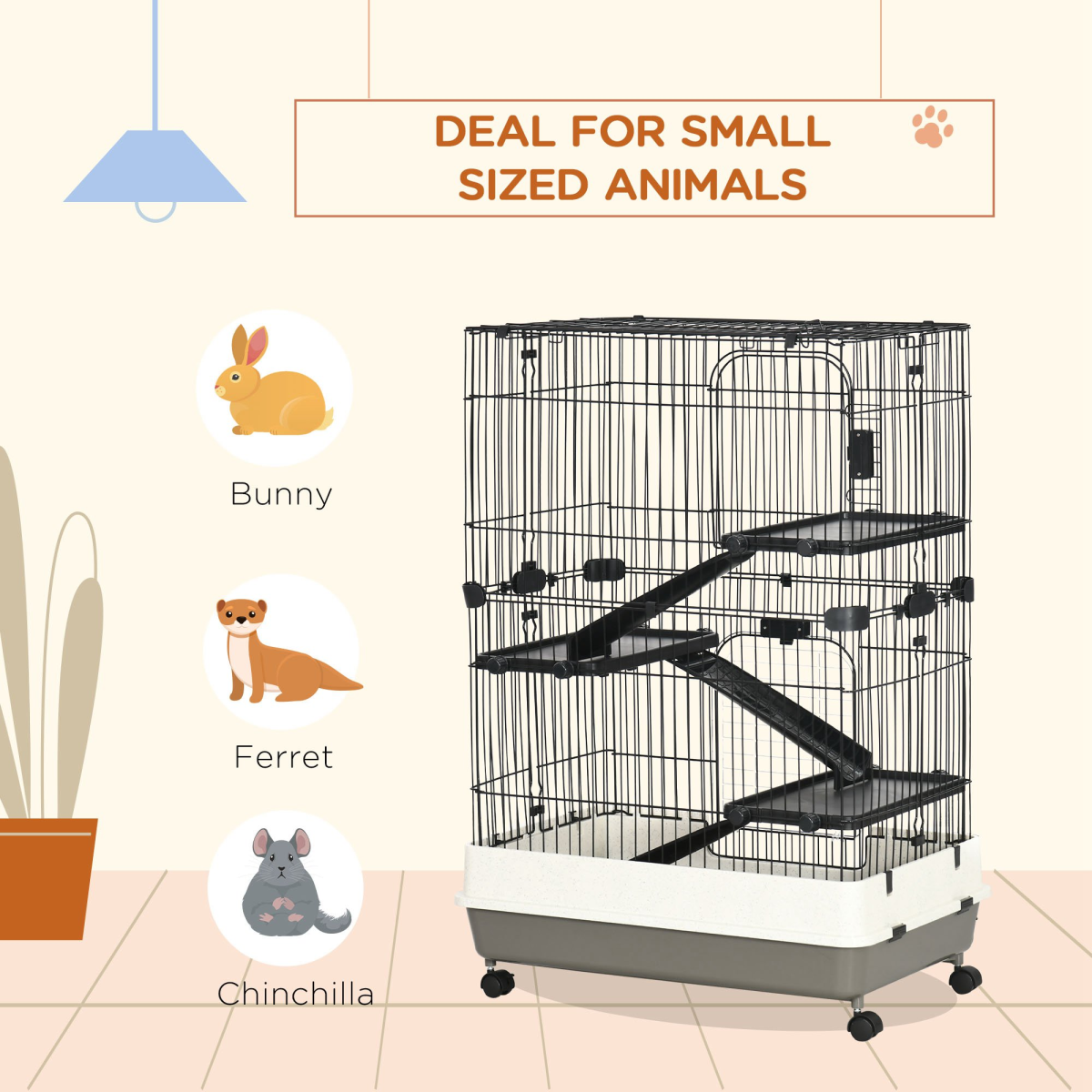 3 Tier Small Animal Cage Pet Play House for Rabbits Ferret Chinchilla W/ Ramp - from PawHut