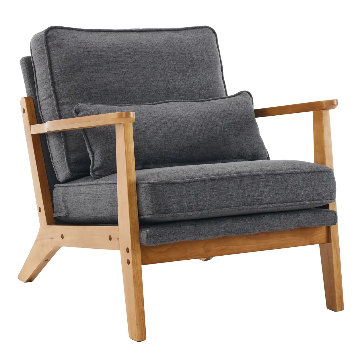 N/A Mid-Century Oak Accent Chair - Linen-Cotton Dark Gray Upholstered Single Lounge Chair, Indoor Armchair with Sturdy Wood Frame (330LBS Weight Capacity) - Accent Chair
