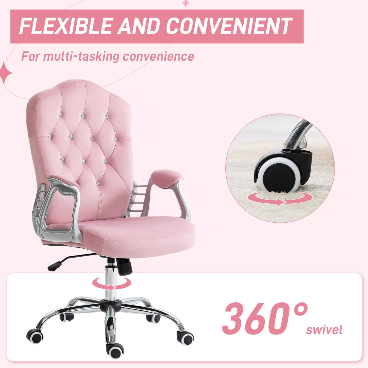 Vinsetto Vinsetto Home Office Chair 47 to 57 cm Height and Tilt Adjustment Velvet Upholstery with Diamonds for Home Office - Office Chair