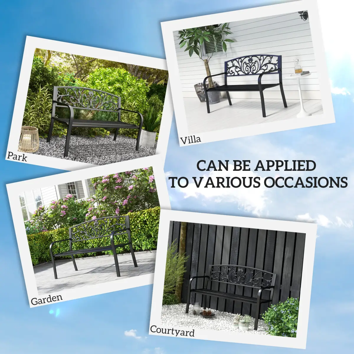 Outsunny 2-Seater Garden Bench, Steel-Black - Garden Chairs