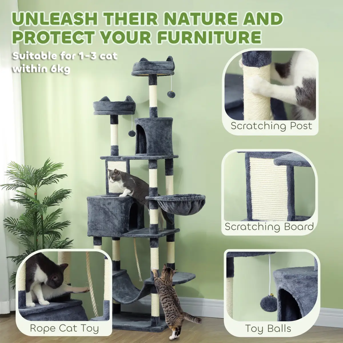 PawHut PawHut 206cm Cat Tree with Scratching Posts, Beds, Condos, Toys, Dark Grey - Cat Tree