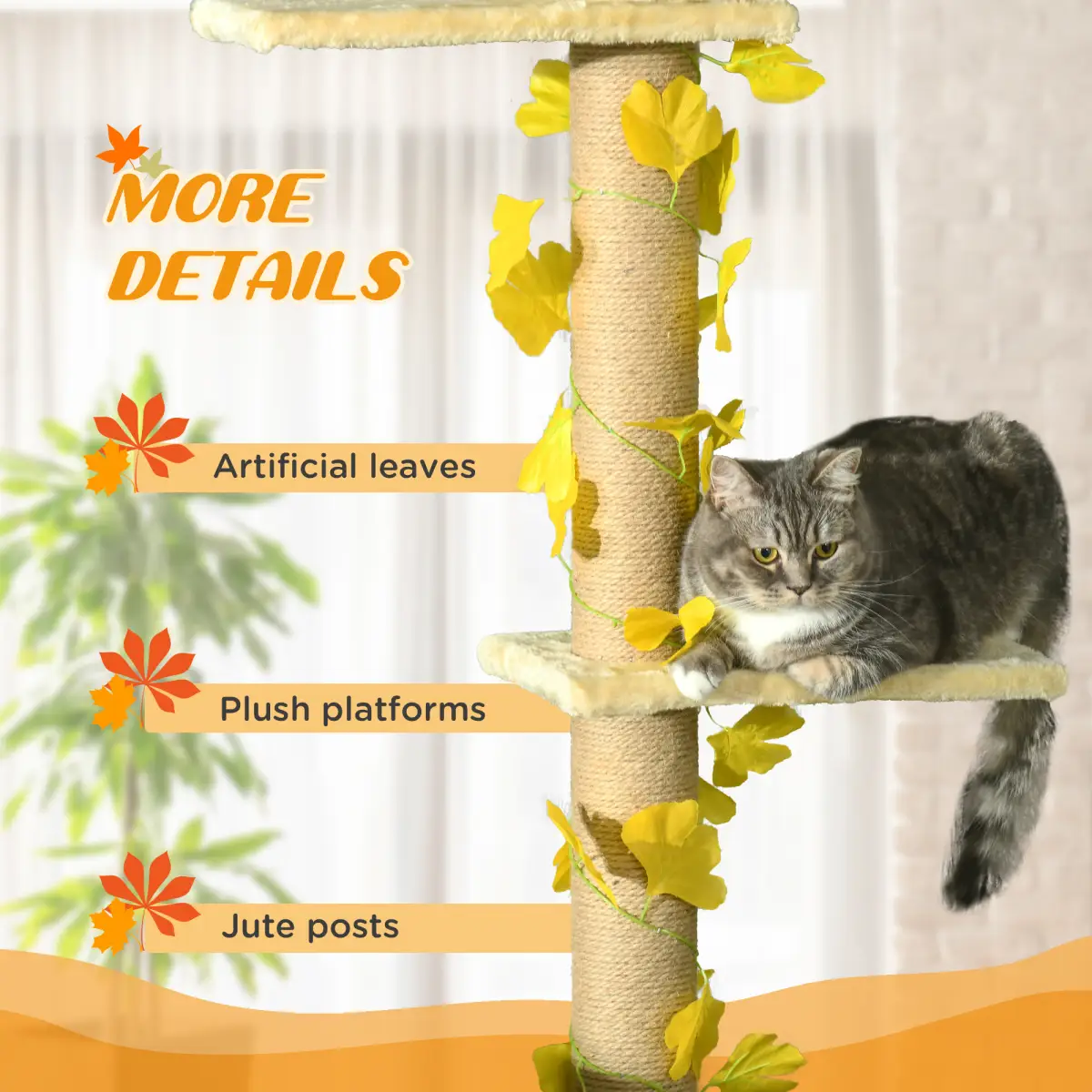 PawHut 242cm Adjustable Floor-To-Ceiling Cat Tree w/ Anti-Slip Kit - Yellow - Cat Tree