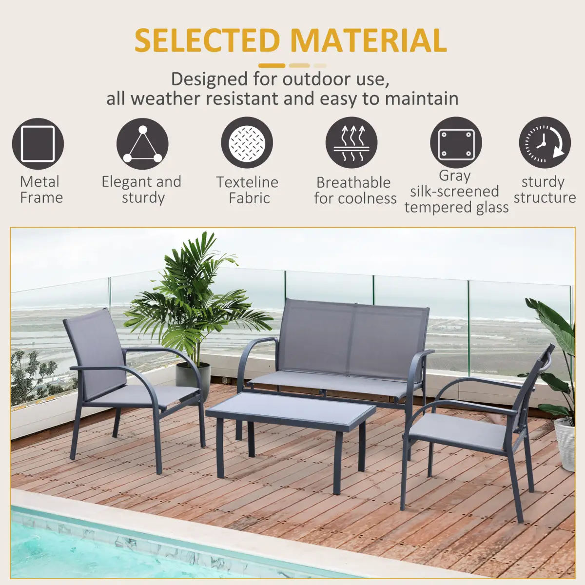 Outsunny 4 Pcs Dining Set & Loveseat 2 Chairs Glass Top Table Seats Garden Grey - Garden Set