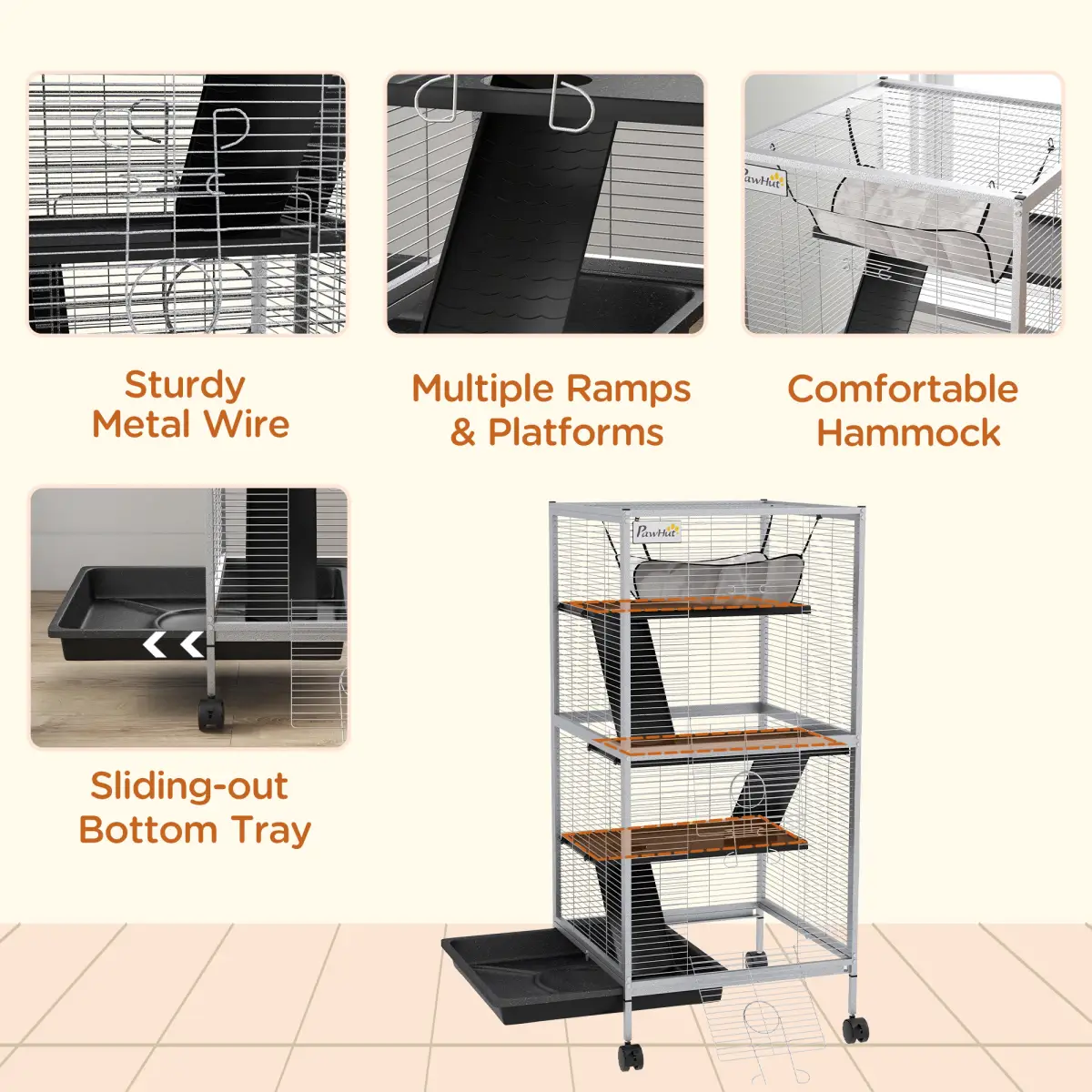 PawHut PawHut Rolling Small Animal Cage for Chinchillas Ferrets Kittens W/ Ramp Grey - Pet Cage