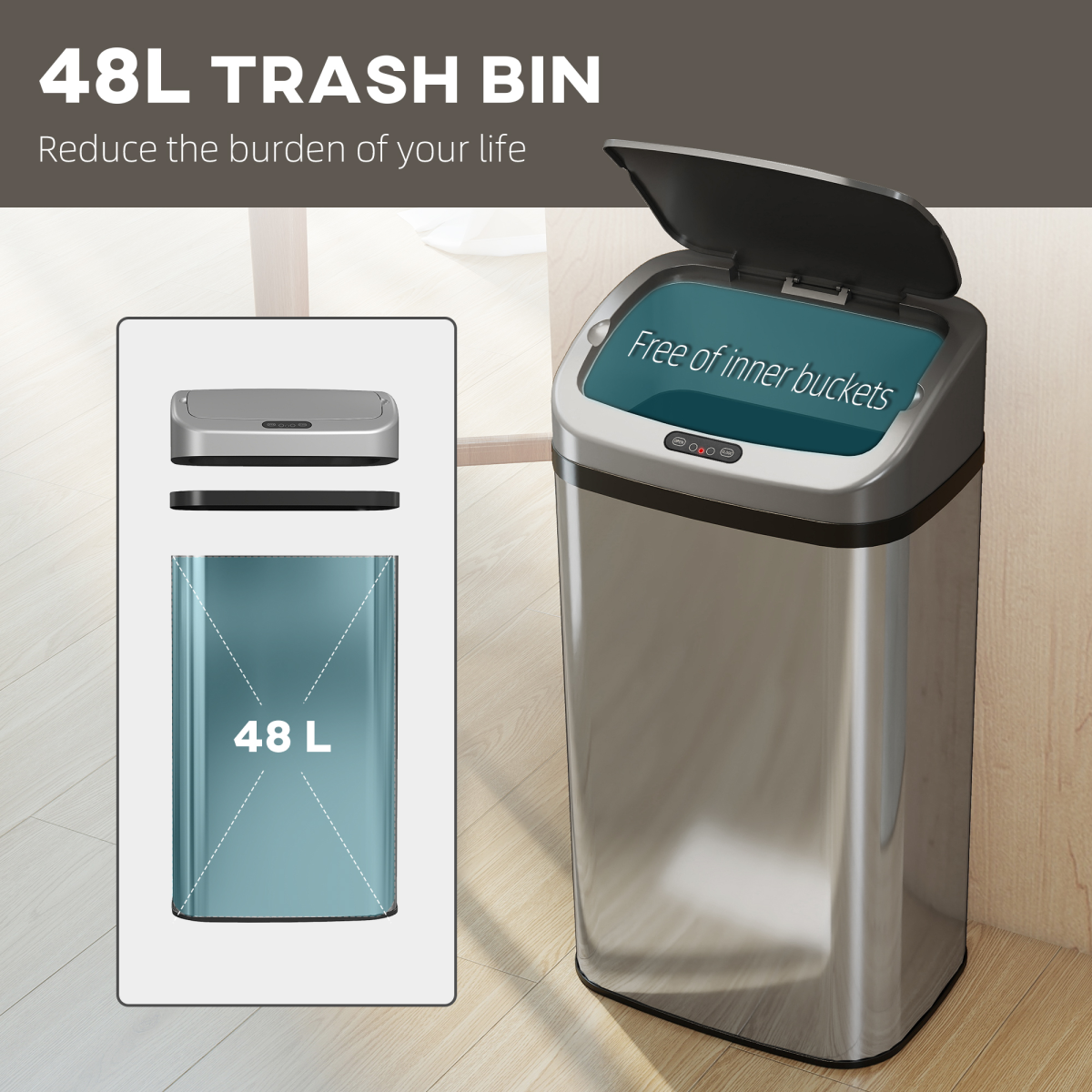 HOMCOM 48L Sensor Bin, Stainless Steel Kitchen Bin with Automatic Close - from HOMCOM