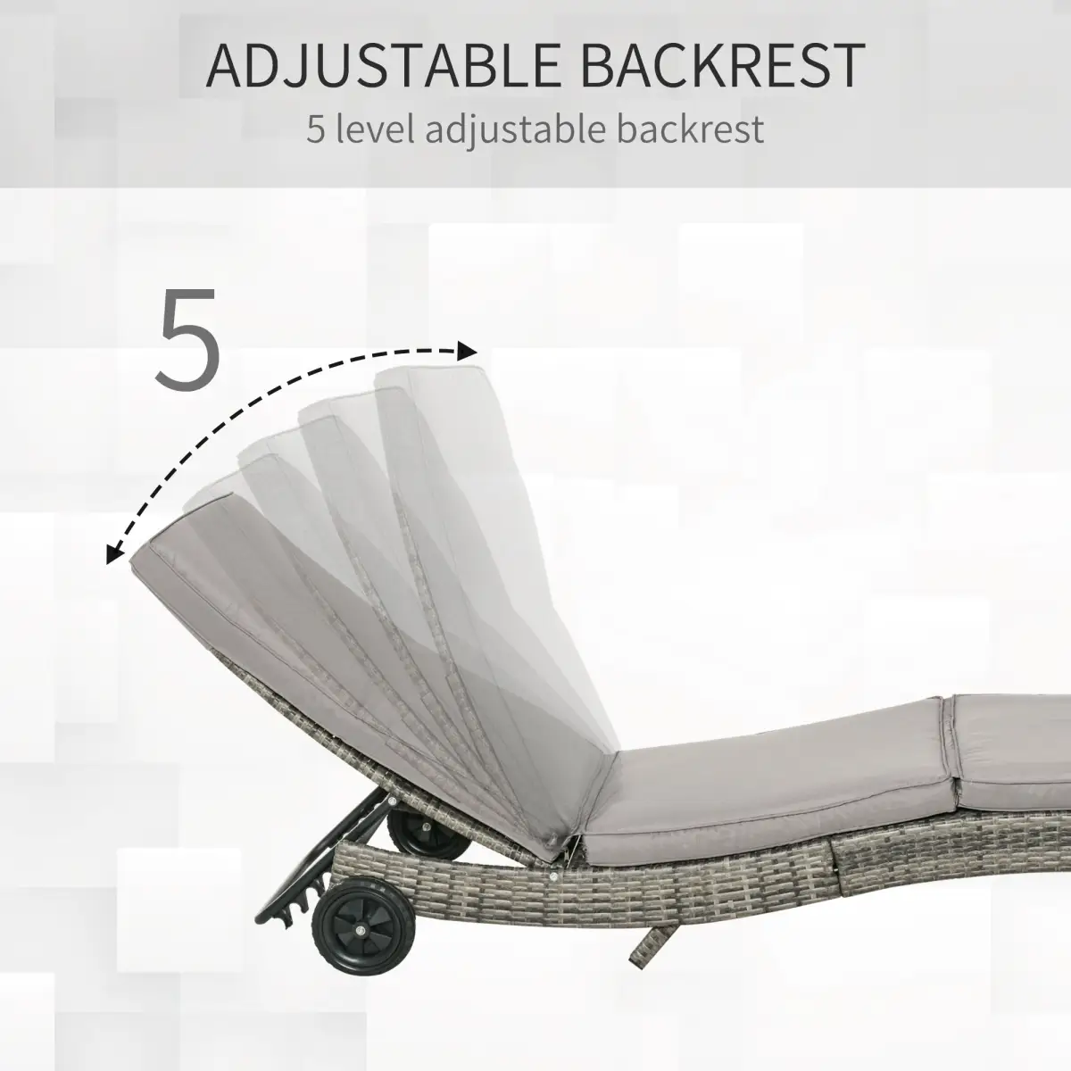 Outsunny Outsunny Outdoor Reclining Lounge Chair, PE Wicker, Rolling Wheels, Grey - Sun Lounger