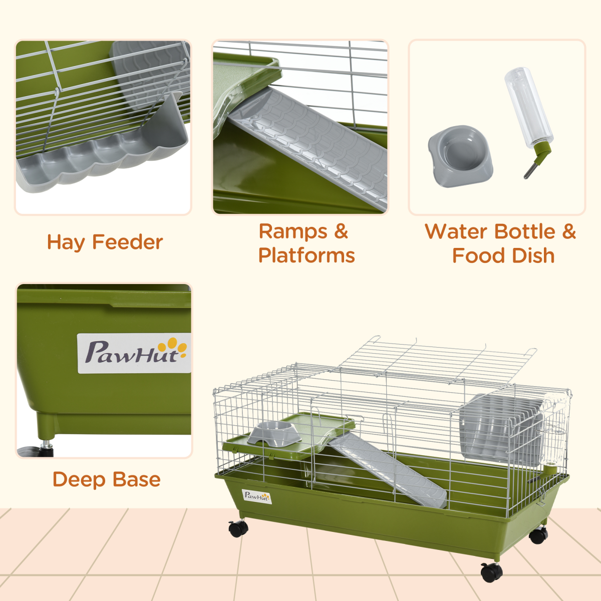 89cm Small Animal Home Cage for Rabbit Ferret Chinchilla w/ Wheels Green - from Pawhut