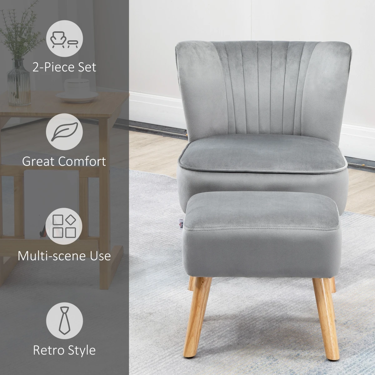 Velvet Feel Accent Chair Ottoman TubSeat Padding Wood Legs by HOMCOM