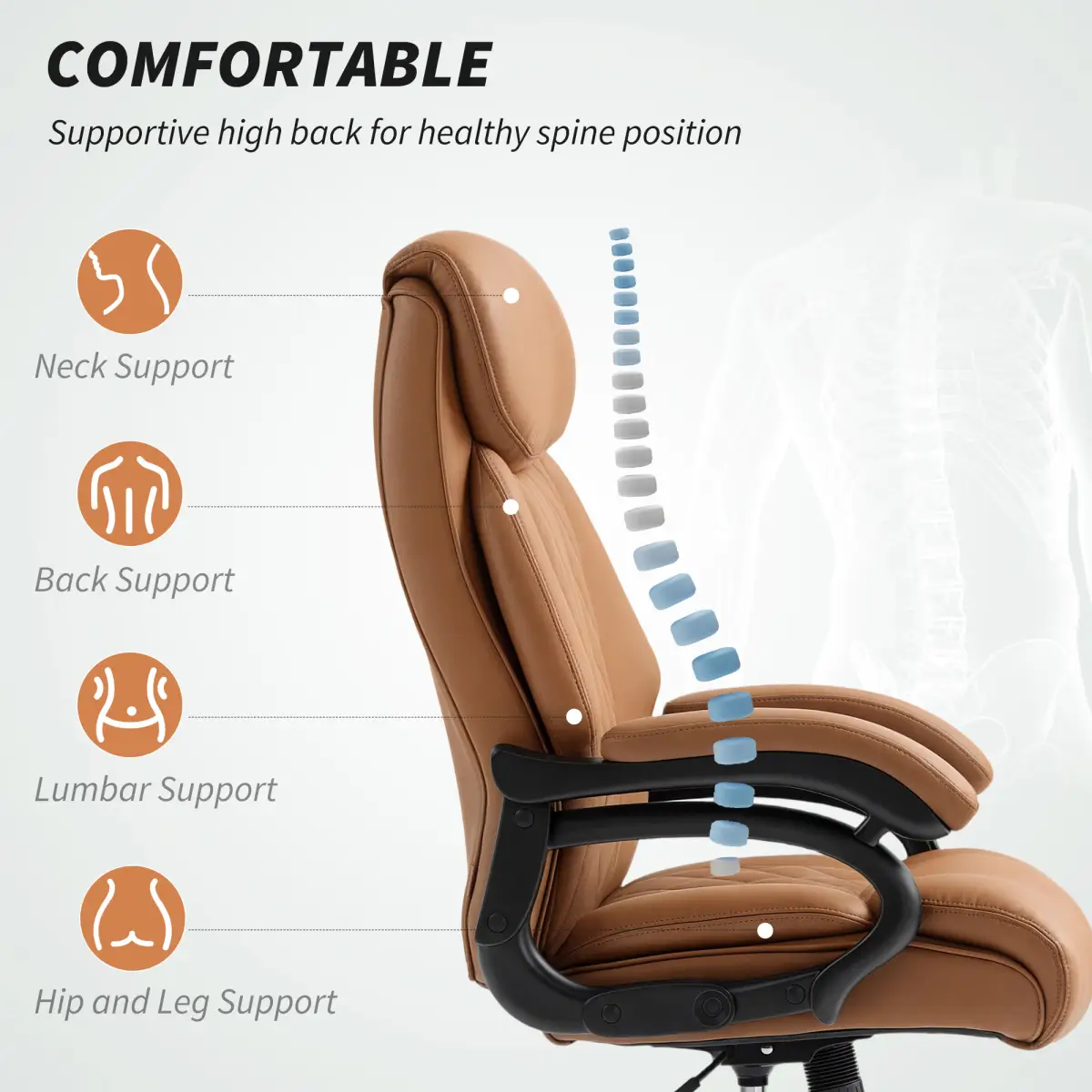 N/A Ergonomic Office Chair Premium, Height 115-123 cm, Tilt Function, 13 cm Seat, 16 cm Back Cushion, Large PU Wheel Base - Office Chair