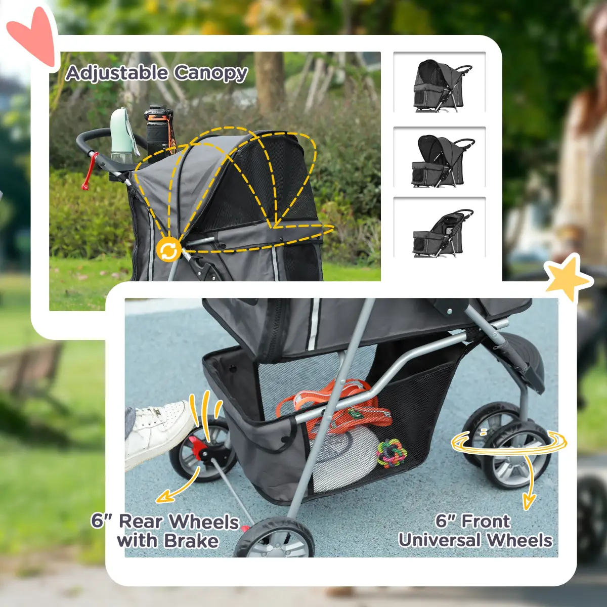 PawHut PawHut Pet Stroller Pushchair Carrier for Cat Puppy with 3 Wheels Dark Grey - Pet Carrier