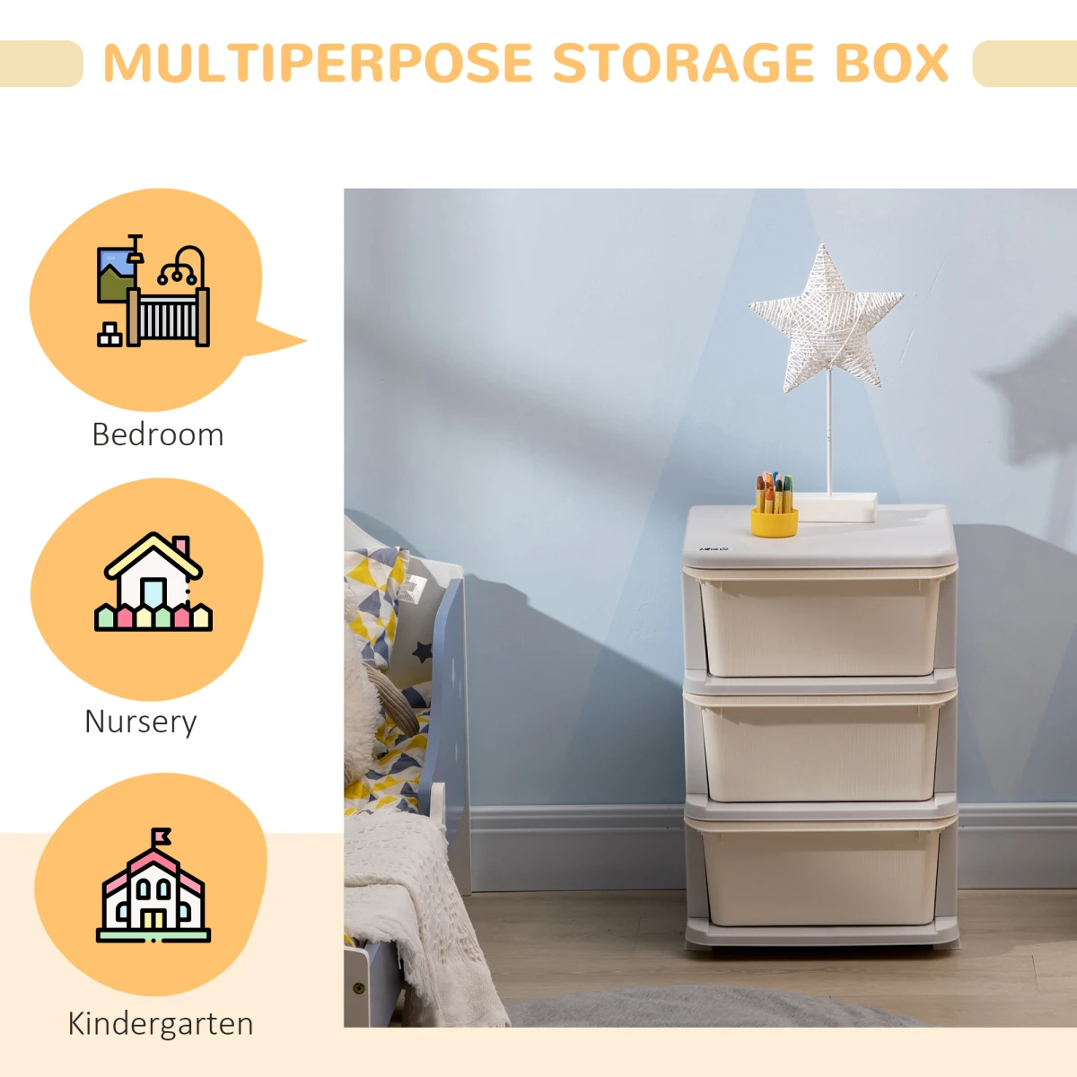 Homcom HOMCOM Kids Storage Unit Three Drawer Stable Base - Chest of Drawers