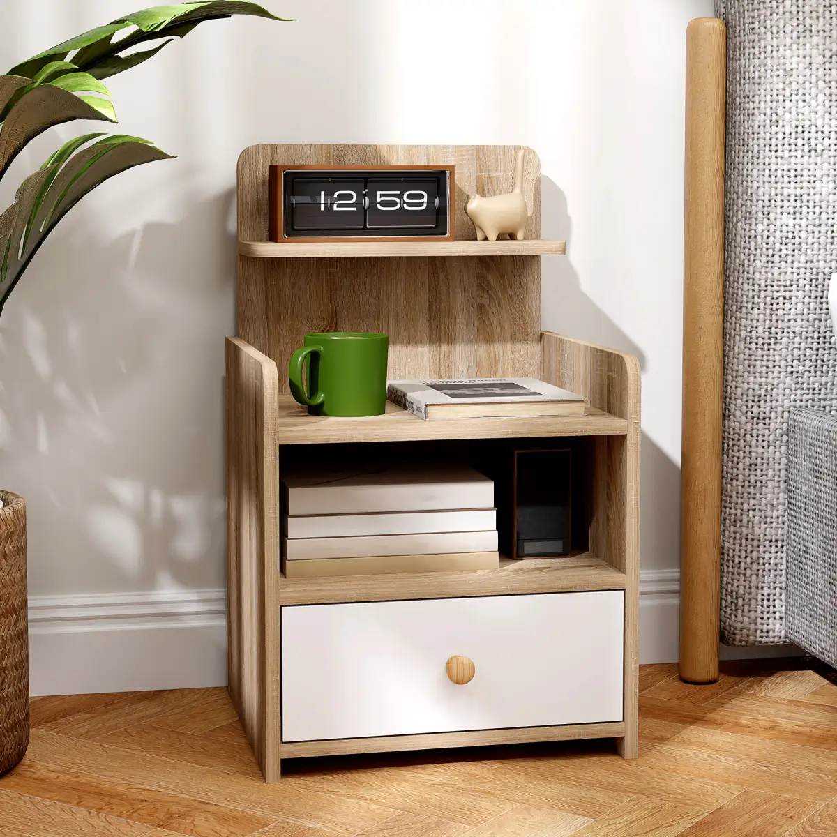 HOMCOM HOMCOM Bedside Table with Drawer for Bedroom, Living Room, Natural Wood Effect - Bedside Table