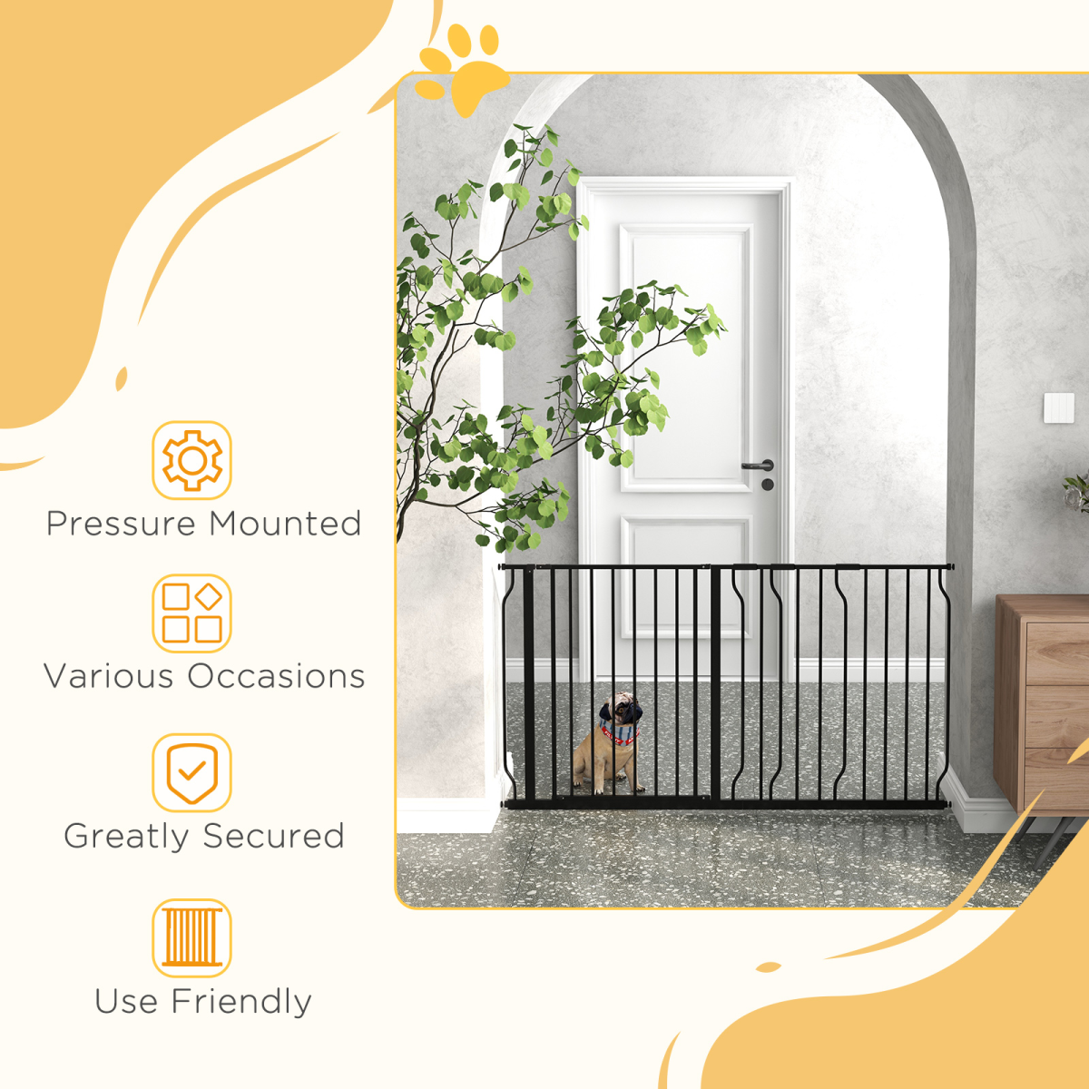 Pet Safety Gate Dog Barrier W/ Door Pressure Fit for Doorways, 75-145W cm, Black - from PawHut