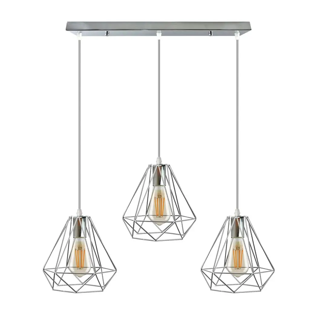 LEDSONE 3 Head Rectangle Base Chrome Vintage Metal 20cm Diamond Wire Cage E27 Base Ceiling Pendant Light - Pendant Lights
