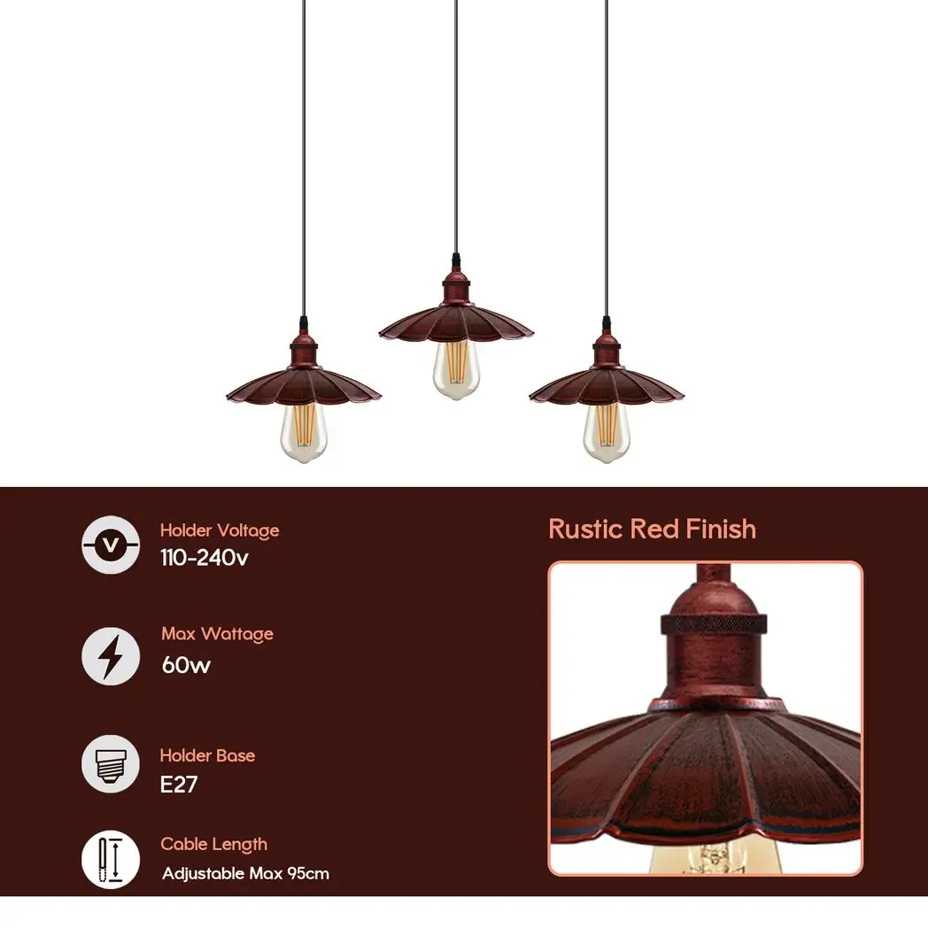 Un-branded Vintage Industrial Rustic Red 3 Head Reactangle Pendant Cord E27 Metal Brushed Light Fitting Umbrella Shape Lamp Shade - Pendant Lights