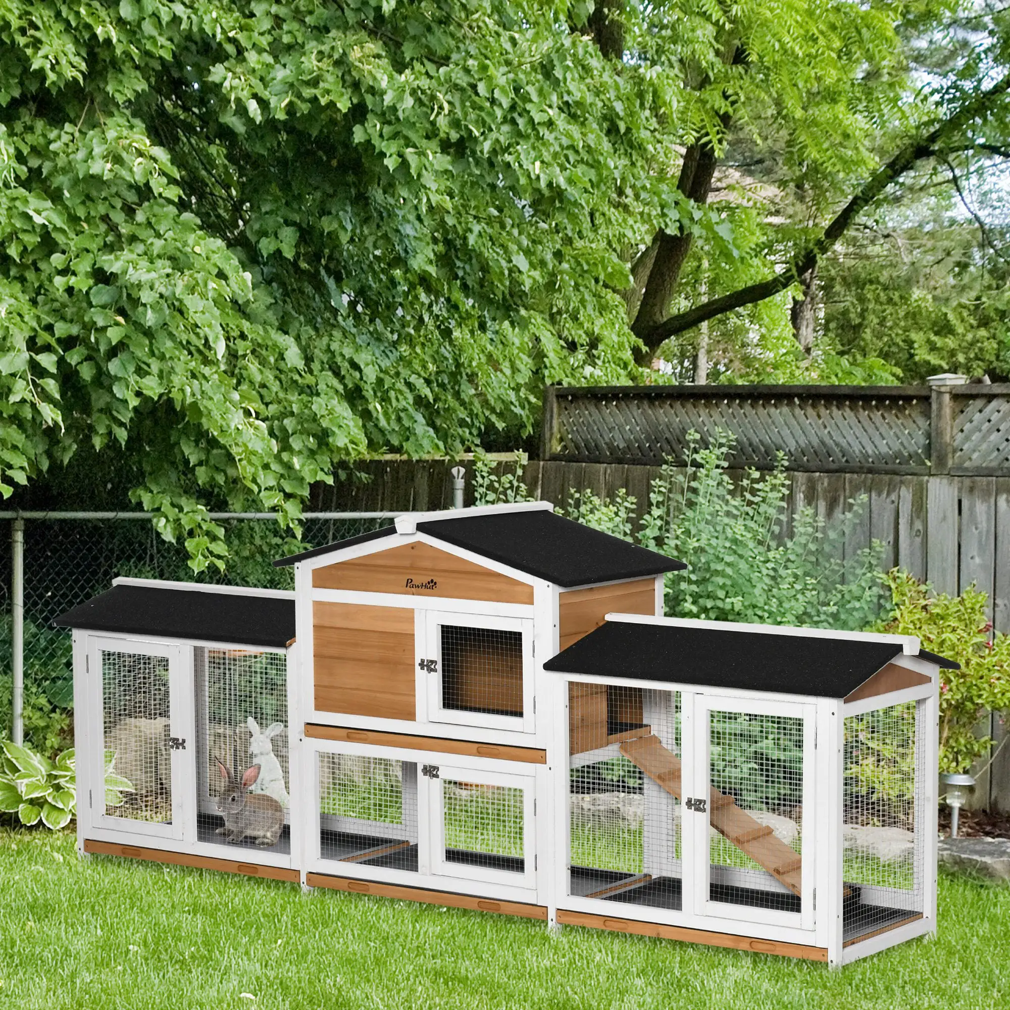 Pawhut Two-Tier Wooden Rabbit Hutch Guinea Pig Hutch w/ Two Runs, Slide-Out Tray, Ramp - Rabbit Hutch