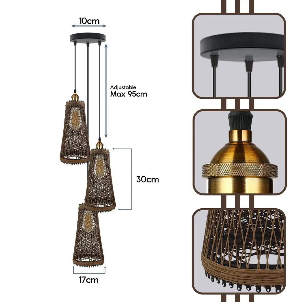LEDSONE 3 Head Natural Wicker Basket Style Retro Industrial Vintage Rattan Ceiling Pendant - Pendant Lights