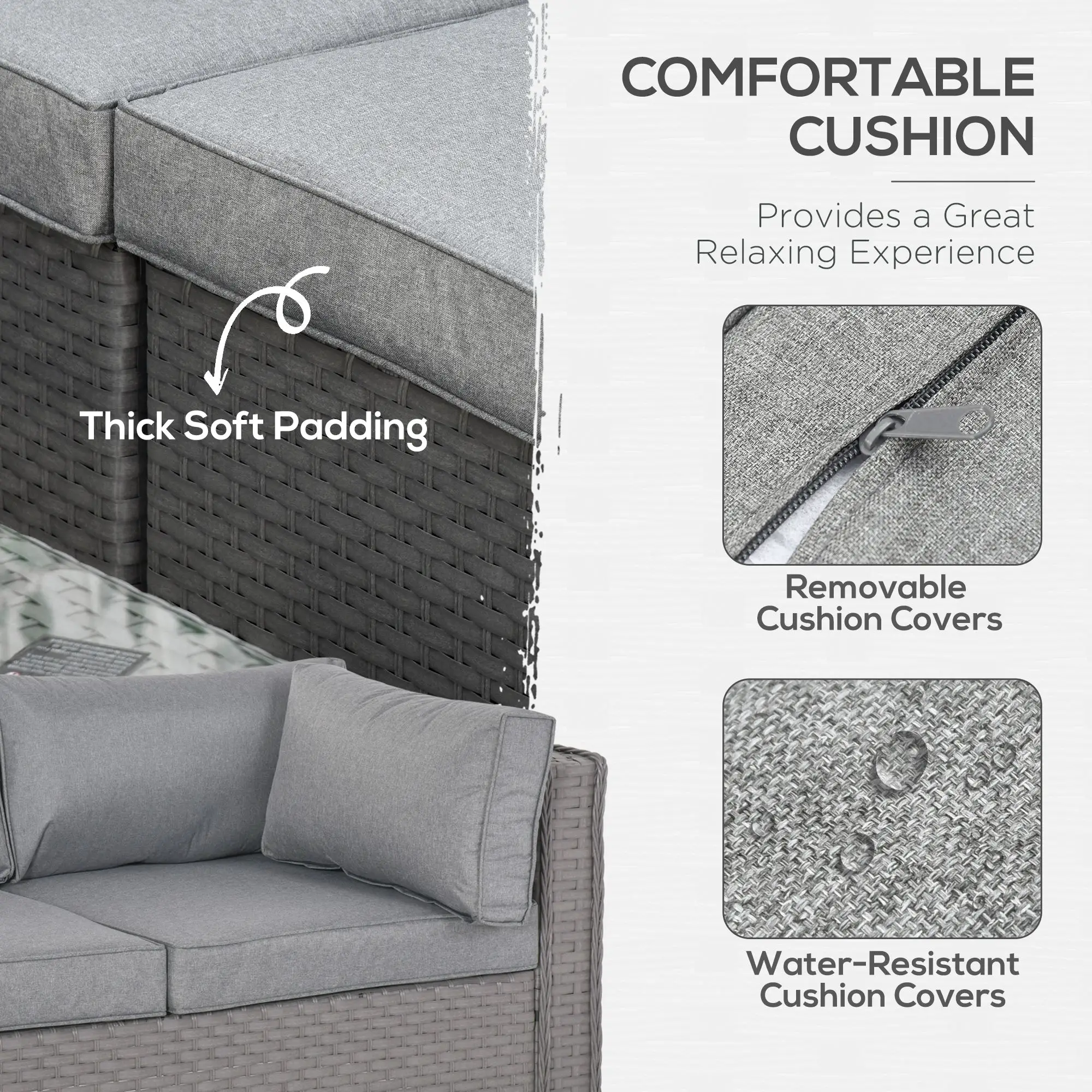Outsunny 6 PCs PE Rattan Wicker Corner Sofa Set Coffee Table Footstool w/ Cushion - Grey - Garden Sofa Sets