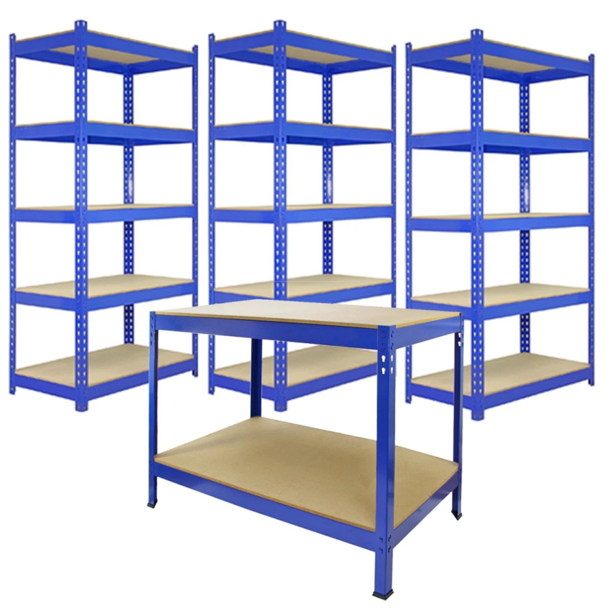 3 x 90cm Q-Rax Blue Metal Racking Units & Workbench by Monster Shop