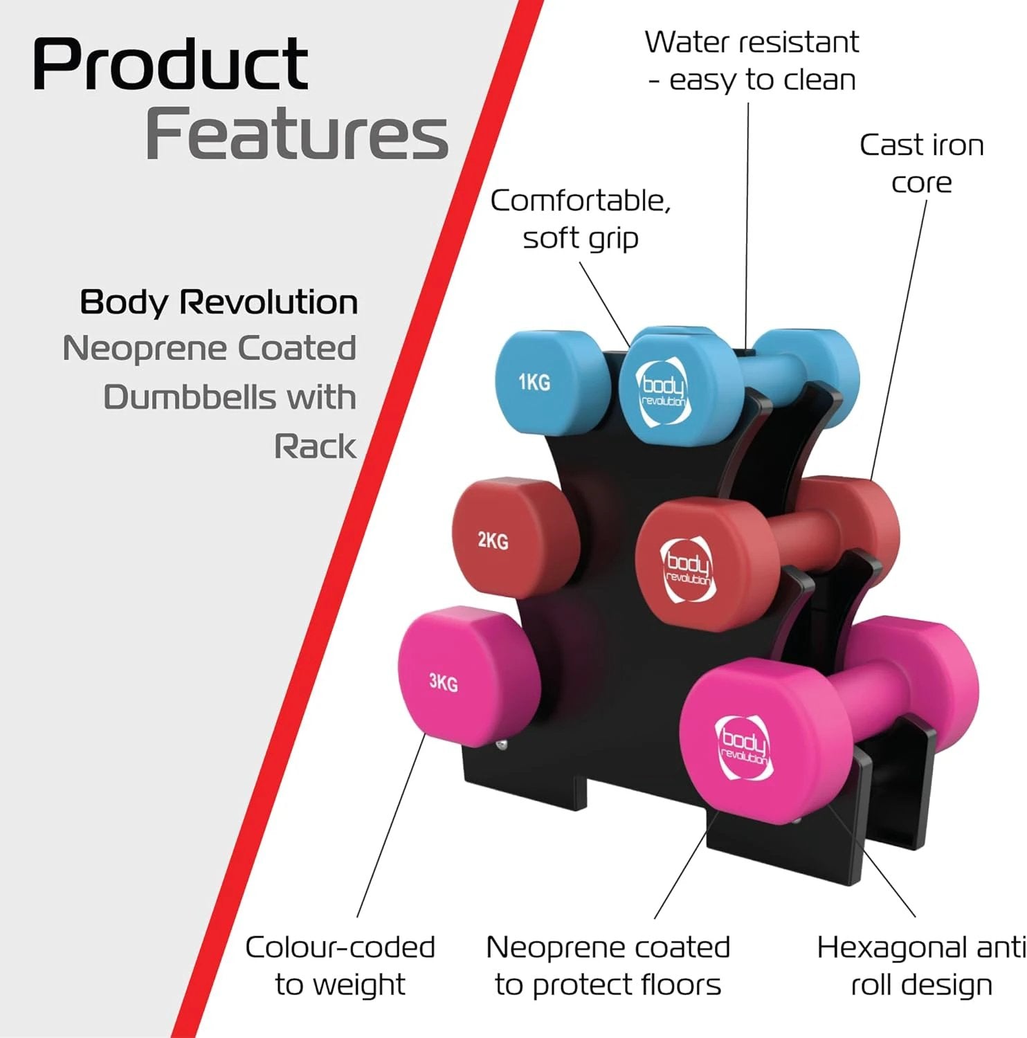 Monster Shop 12kg Neoprene Dumbbell Set with Rack -